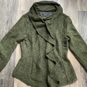 Blanc Noir Ruffle Textured Green Cowl Neck Sweater Jacket Medium Boho Folk Indie